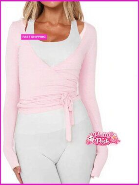 Polyester Wrap Tie Top Long Sleeve Ballet Workout Yoga Shirt